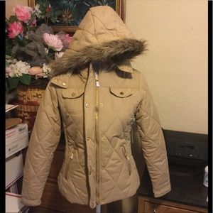 Tan Puffer Jacket Coat with Removable Hood